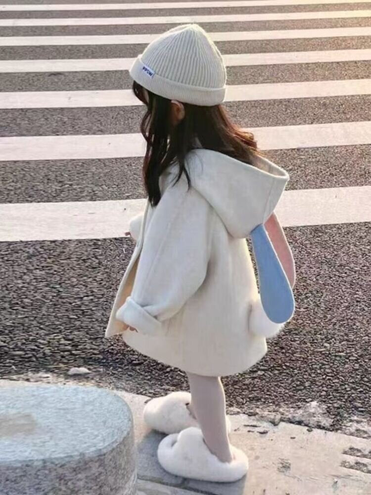Girls' Wool Coat with Fleece Lining and Thickened2024Autumn and Winter New Cute Baby Girl Stylish Korean Children's Clothing Wool Coat