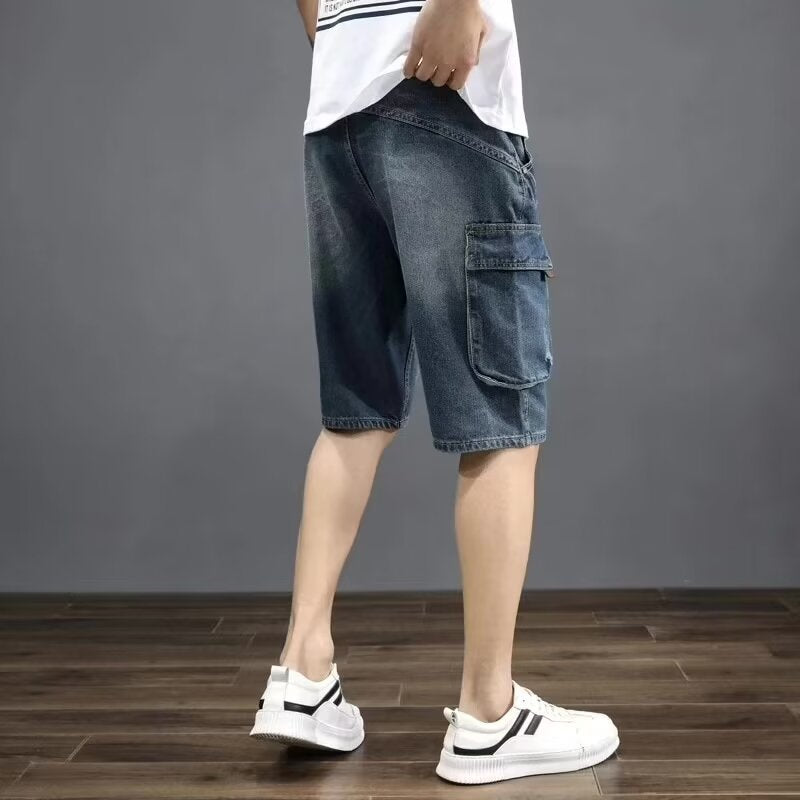 Summer Casual Multi-Pocket Loose Denim Shorts Men Trendy Loose Cargo Pants Retro Jeans Five-Point Shorts