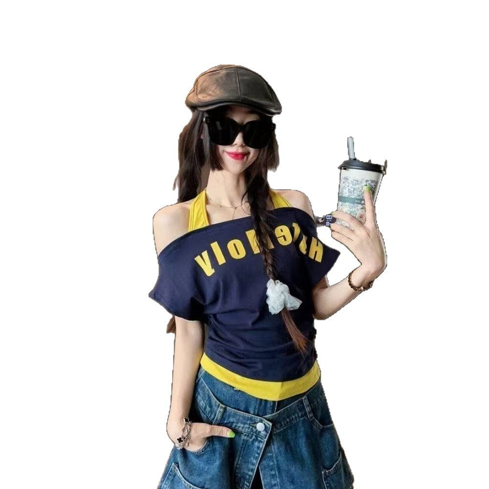 Fashionable Design Letter Print Off-Shoulder Halter Neck Short Sleeve T Women's T-shirt2025Summer New Slimming Short Top
