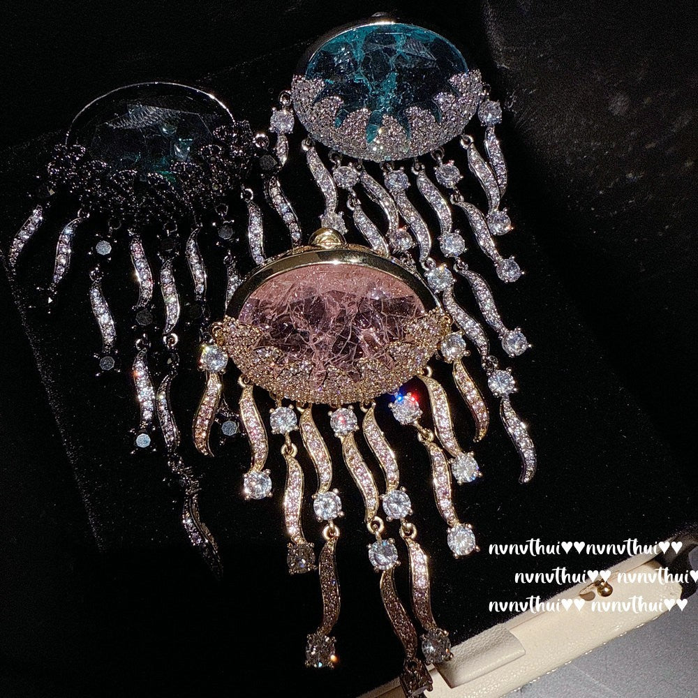 Sparkling Paphos Cloud Pattern Jellyfish Tassel Gemstone Earrings The Joy of a Rich Woman Egg-shaped Princess Pink Earrings