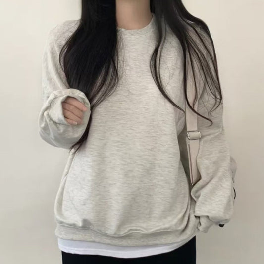2025New Korean Style Round Neck Sweatshirt for Women, College Style Loose Fit, Best Friend Outfit, Solid Color Simple Top, Couple Matching Style