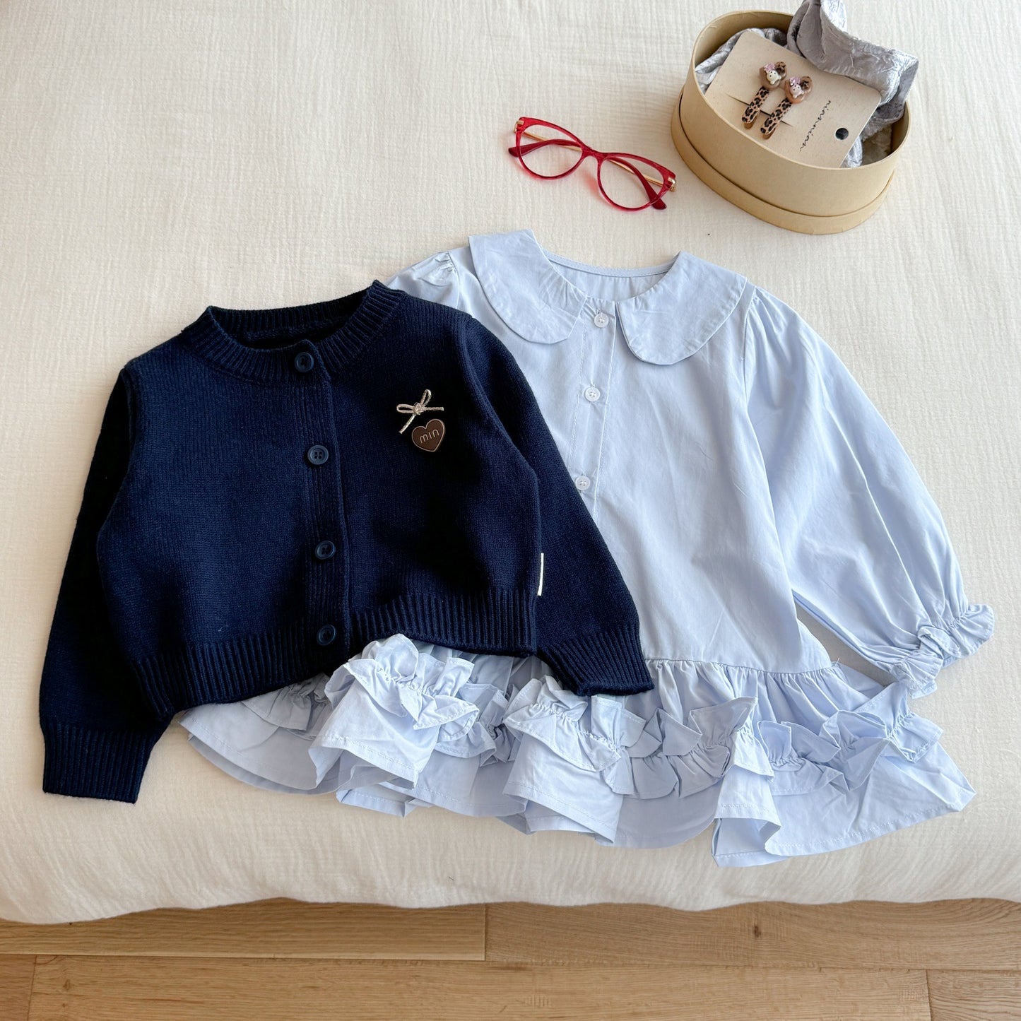 Sweet Little Girl Autumn Outfit Set New Autumn Navy Knitted Sweater Baby Shirt Skirt Fashion Two-Piece Set