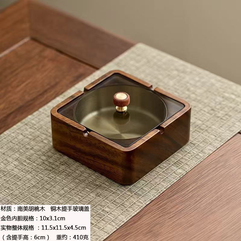 Walnut Ashtray for Home Living Room with Lid, Anti-Fly Ash, Stainless Steel Inner Liner, Creative Office Quality Ashtray