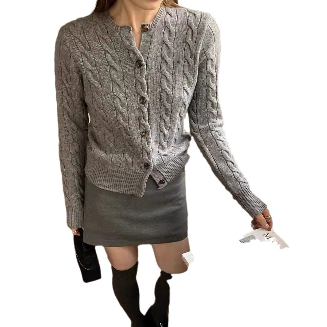 Counter Same Style Pony Embroidery Wool Cable Vintage Knitted Cardigan Women Autumn Winter Sweater Round Neck Thick Coat Top