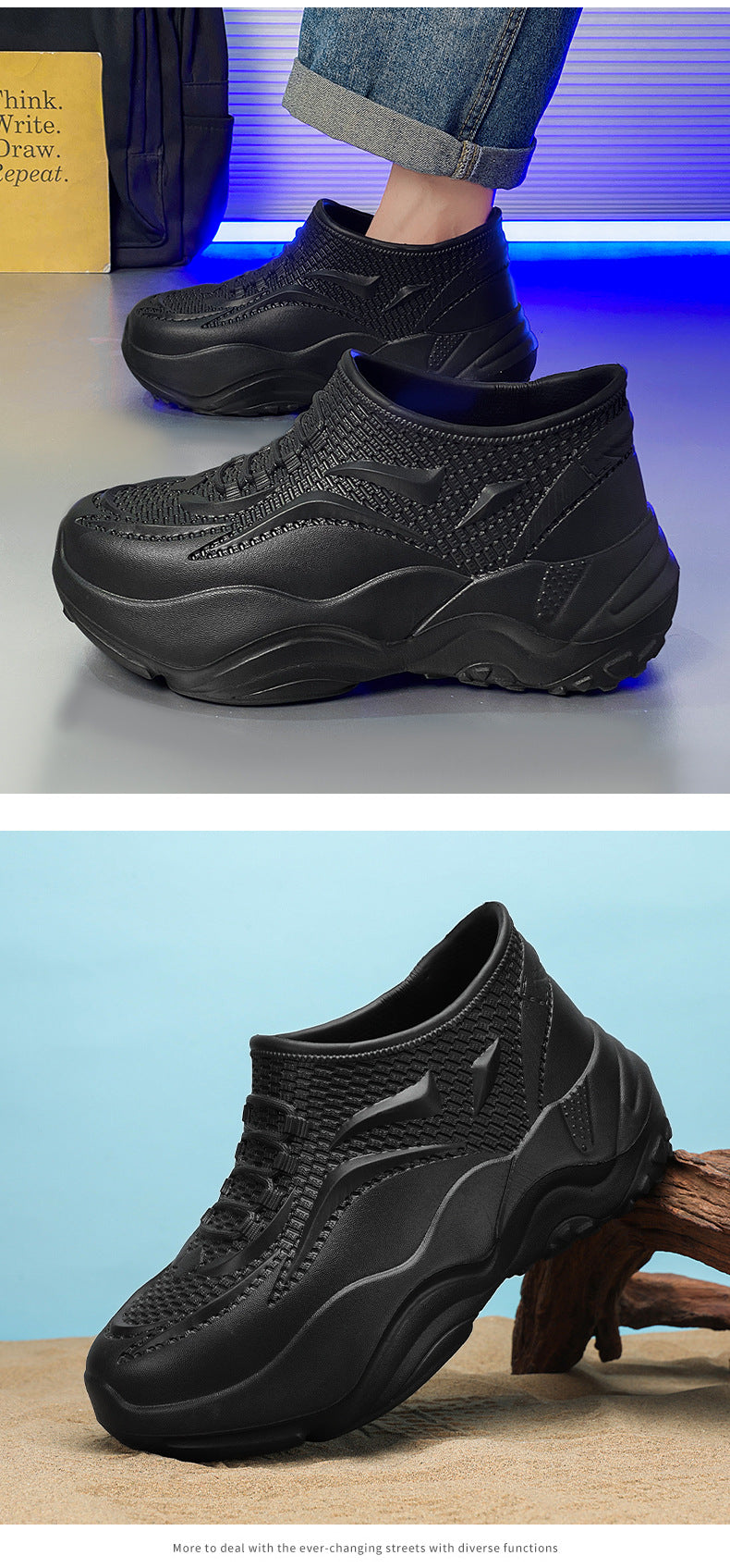 Kitchen Non-Slip Shoes for Men, Summer Breathable Thick Sole Pure Black Chef Waterproof Work Shoes, Outdoor Sports Fishing Rubber Shoes