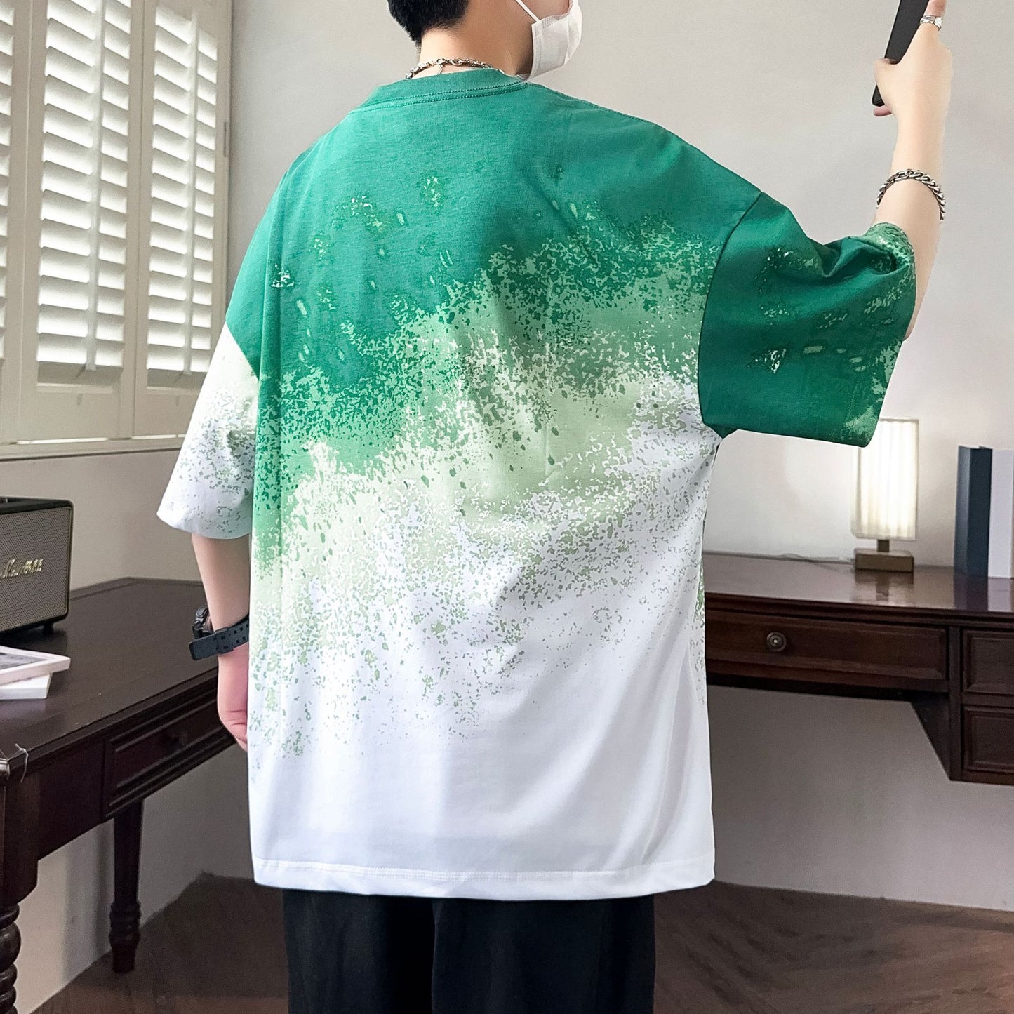 2025Summer New Men's Youth Casual Stylish Trendy Loose Short Sleeve T Shirt Gradient Color for Middle and High School Students