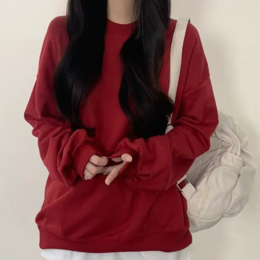 2025New Korean Style Round Neck Sweatshirt for Women, College Style Loose Fit, Best Friend Outfit, Solid Color Simple Top, Couple Matching Style