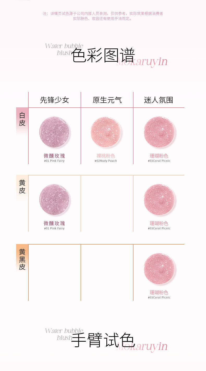 Magic Card Ruyin Clear Water Feel Bubble Blush Matte Shimmer Natural Hydrating Low Saturation Long-lasting Liquid Blush6095