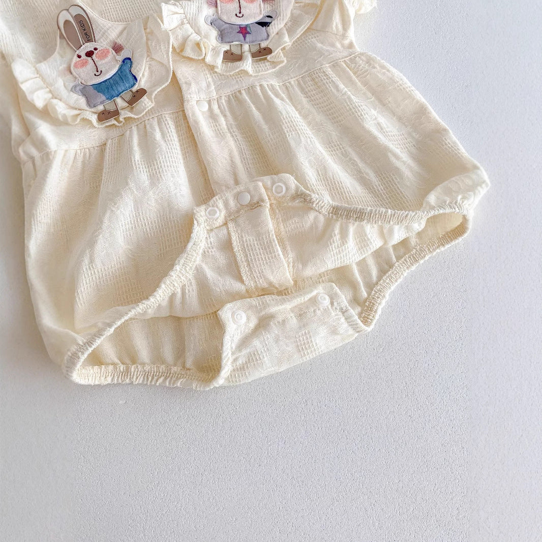 2025New Pure Cotton Girls Summer Clothes Sleeve Three-dimensional Rabbit Doll Collar Lace Baby Harness Fashionable Princess Climbing Clothes