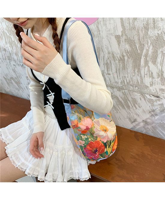 New2025Floral Oil Painting Niche Large Capacity Versatile Commuter Bucket High-end Bag Women's Shoulder Bag Hot Item