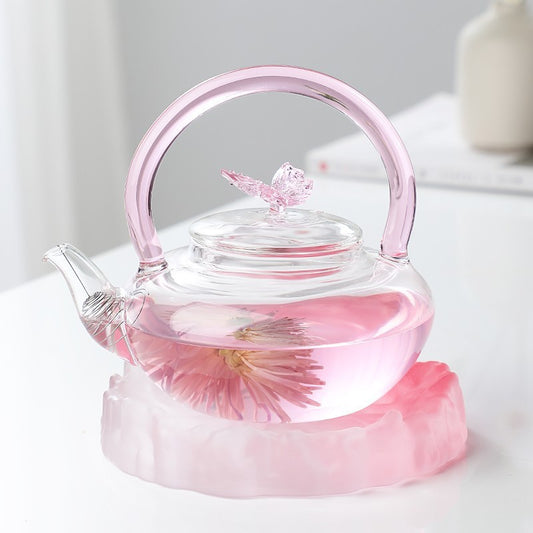 Teapot with Pink Handle Butterfly Teapot High Borosilicate Heat-Resistant Glass Teapot Electric Ceramic Stove Special Tea Brewing Teapot Flower Tea Teapot