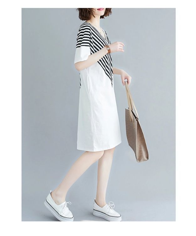 Korean Style Mid-Length Short-Sleeve Striped Patchwork Skirt, Belly-Covering, Slimming, Plus Size, Loose-Fit, Casual V Women's Trendy Collared Dress
