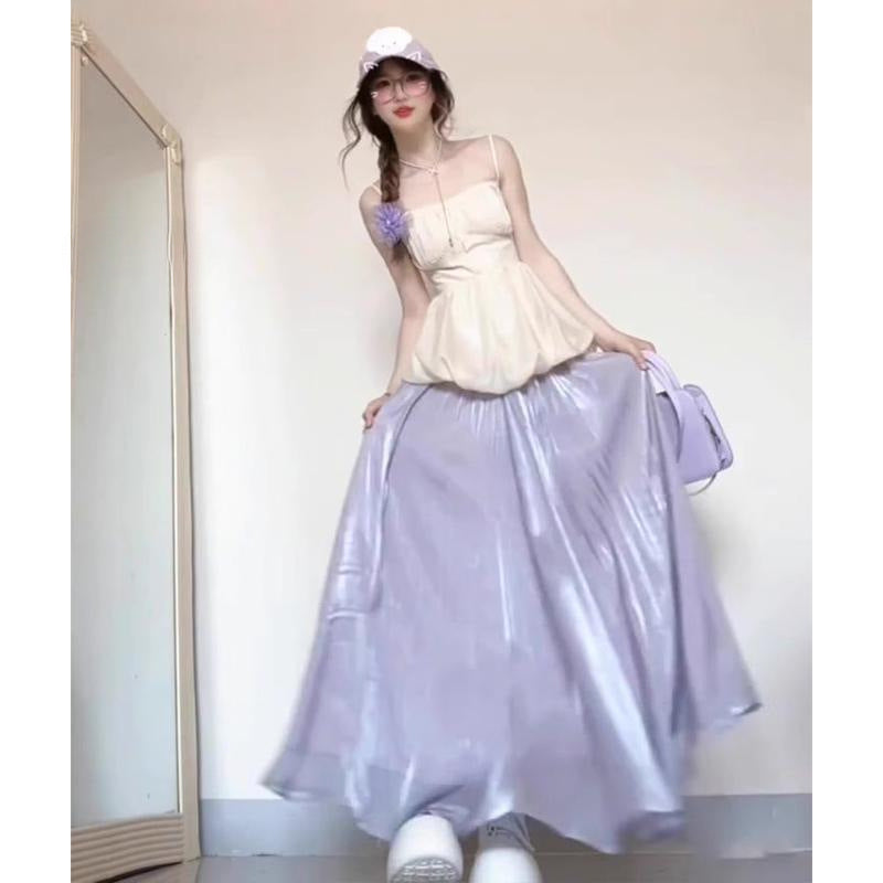 Pure Desire Sweet Spicy Girl Set for Women Summer Flower Bud Strap Top Outfit Purple Stunning Half Skirt Fashion Two-Piece Set
