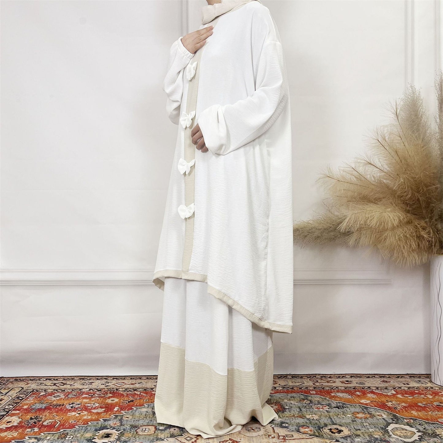 2024Aliexpress Muslims Fashion Women's Two-Piece Set with Bowknot, Solid Color Double-Layer Hat and Robe Set