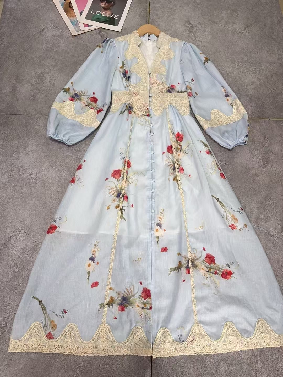 2025Spring and Summer European and American Cross-Border Palace Retro Style V Collared Waist Lantern Sleeve Printed Long Dress for Women
