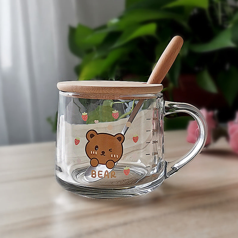 ins Glass Cup with Straw Milk Breakfast Cup Cute Cartoon Graduated Cup with Lid Spoon Gift Customization logo