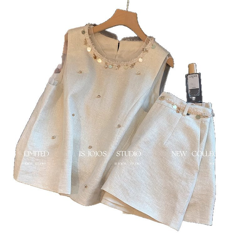 【Self-produced and self-sold, can accept orders】Shell Beaded Set for Women Summer Playful Youthful Versatile Shorts Two-Piece Set