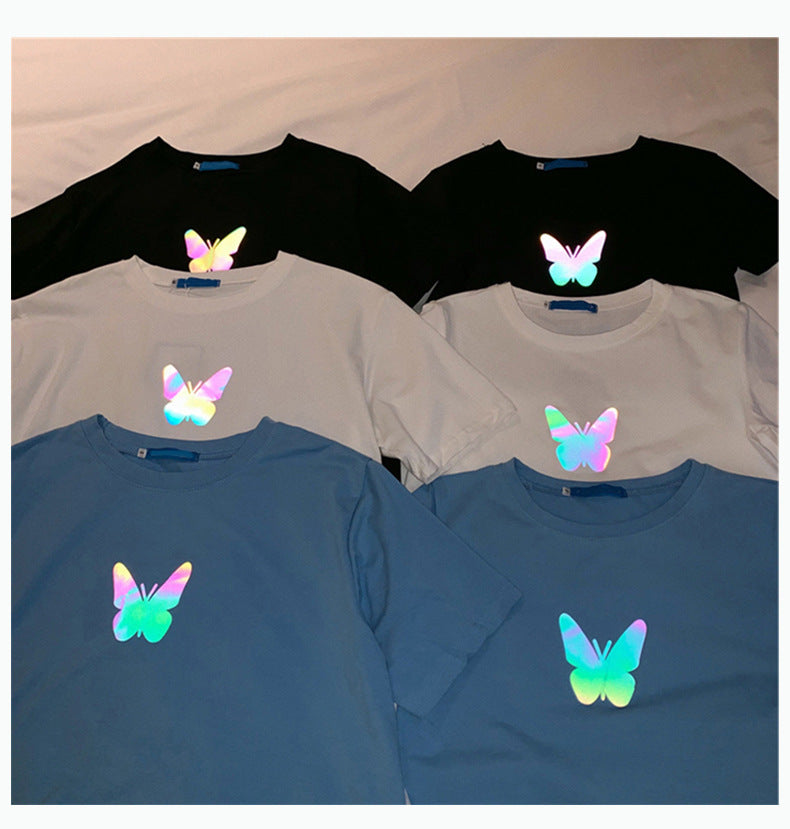 Summer2025New Year's Trendy Internet Celebrity Couple Outfit Reflective Butterfly Short Sleeve t Women's Summer T-shirt ins Super Popular Short Top