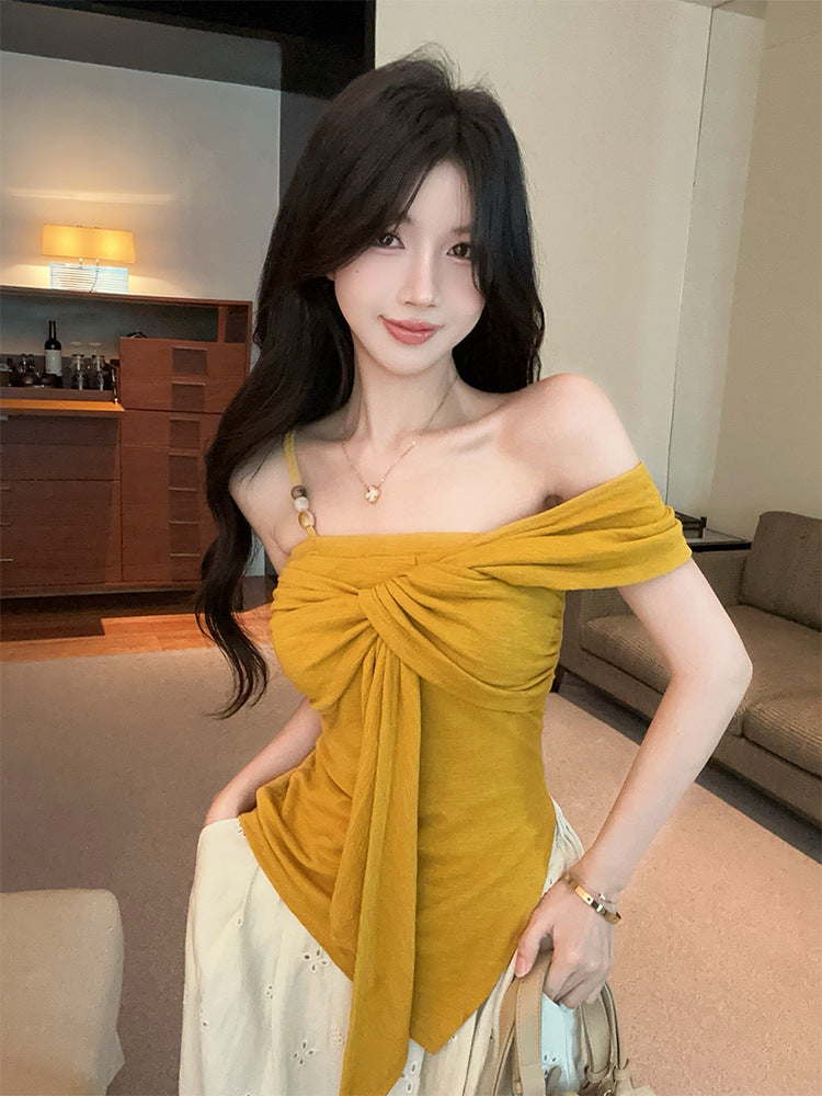 Pure Desire Hot Girl Off-Shoulder Twist t Women's T-shirt2025Summer New Slim Fit Fashionable Unique Design Top