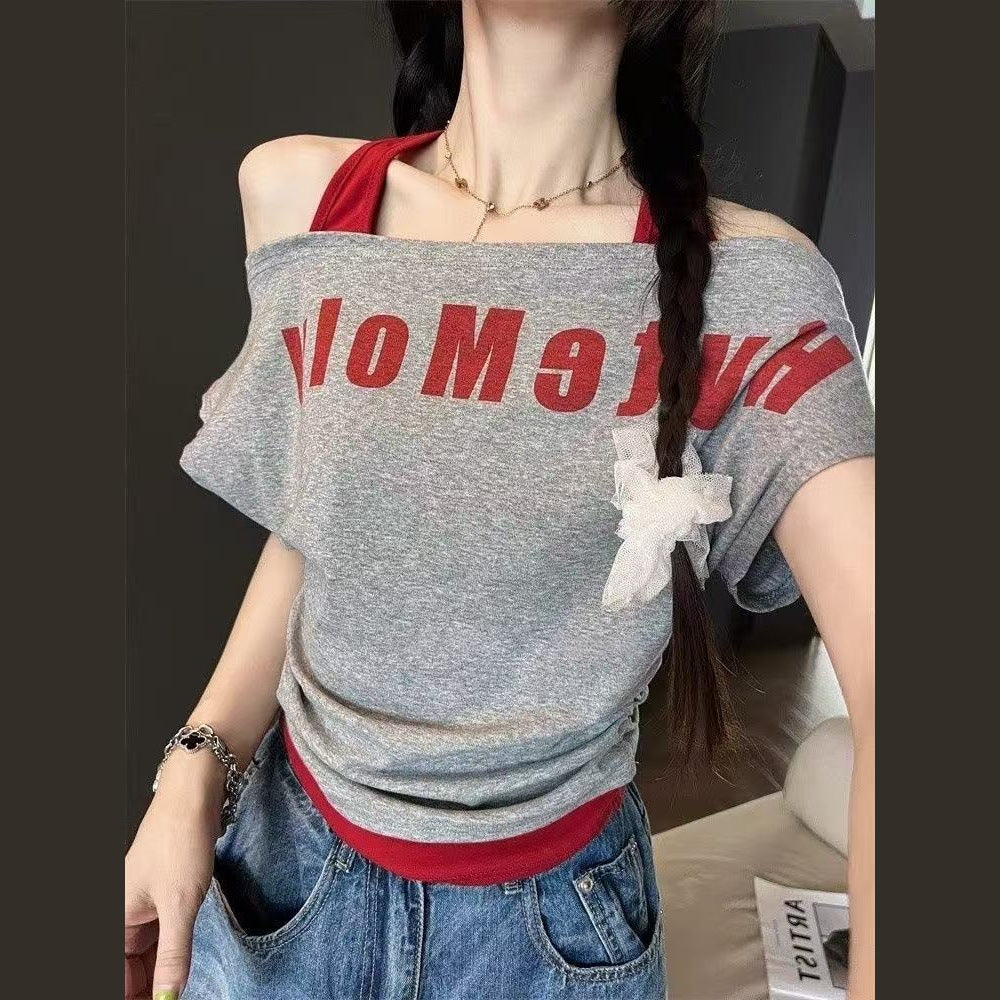 Fashionable Design Letter Print Off-Shoulder Halter Neck Short Sleeve T Women's T-shirt2025Summer New Slimming Short Top