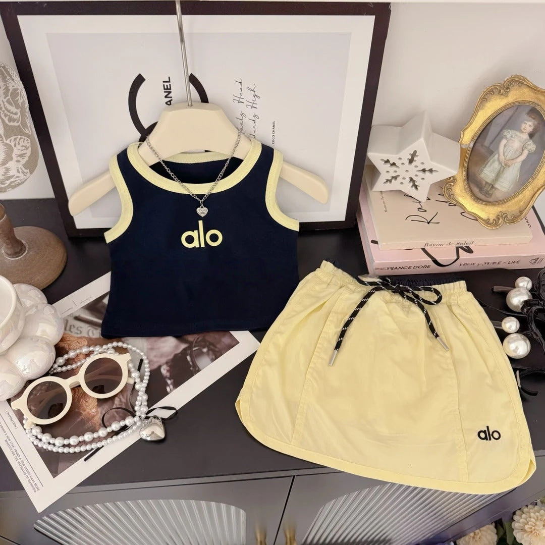 Sweet Little Chef Children's Clothing25New Summer Girls Color Block Letter Short Sleeves T Trendy Pink Skirt Pants Two-Piece Set for Children