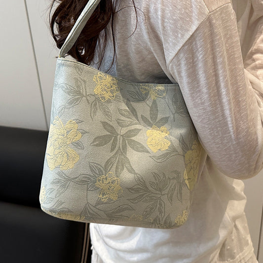 Lady's New Chinese Style Starlight Dream Tote Bag Black Shoulder Bag Embroidered Flower Vintage Handbag