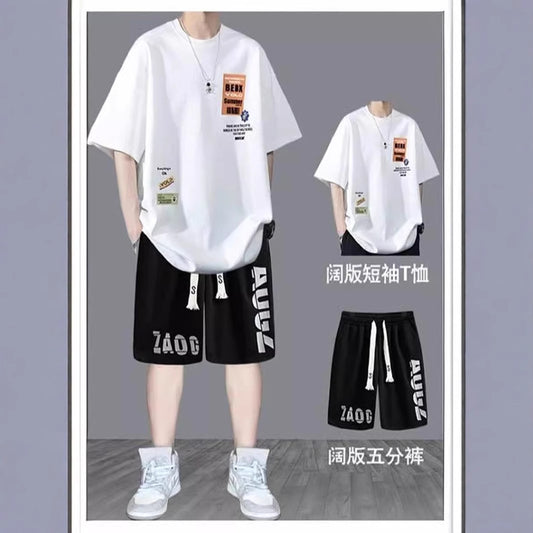 Summer Teenage Suit Boys Short Sleeve T T-shirt Short Sleeve New Style High School Student Trendy Casual Sports Two Pieces
