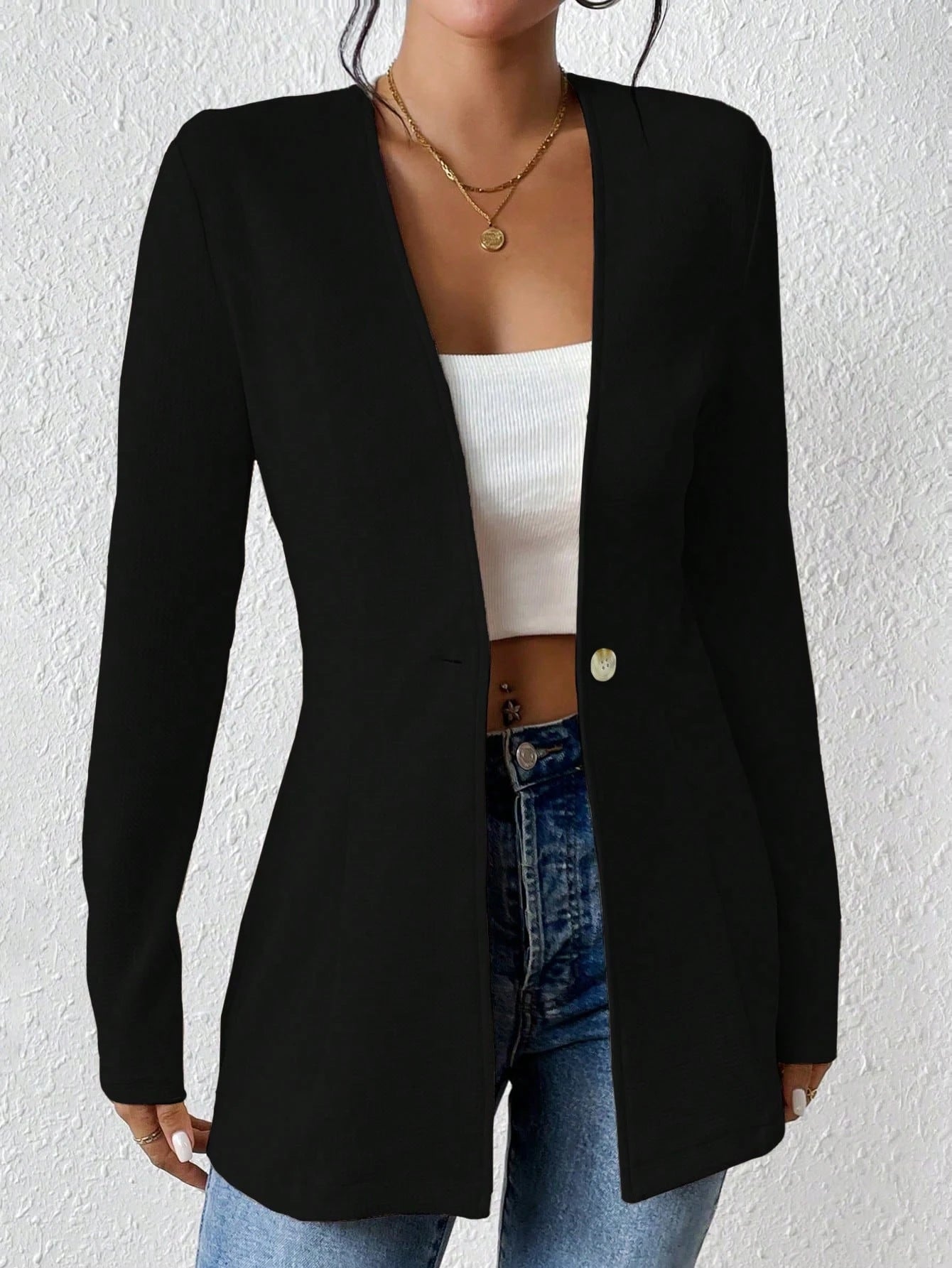 2025New Korean Fashion Style from Amazon Europe and America V Single Button Solid Color Long Sleeve Blazer