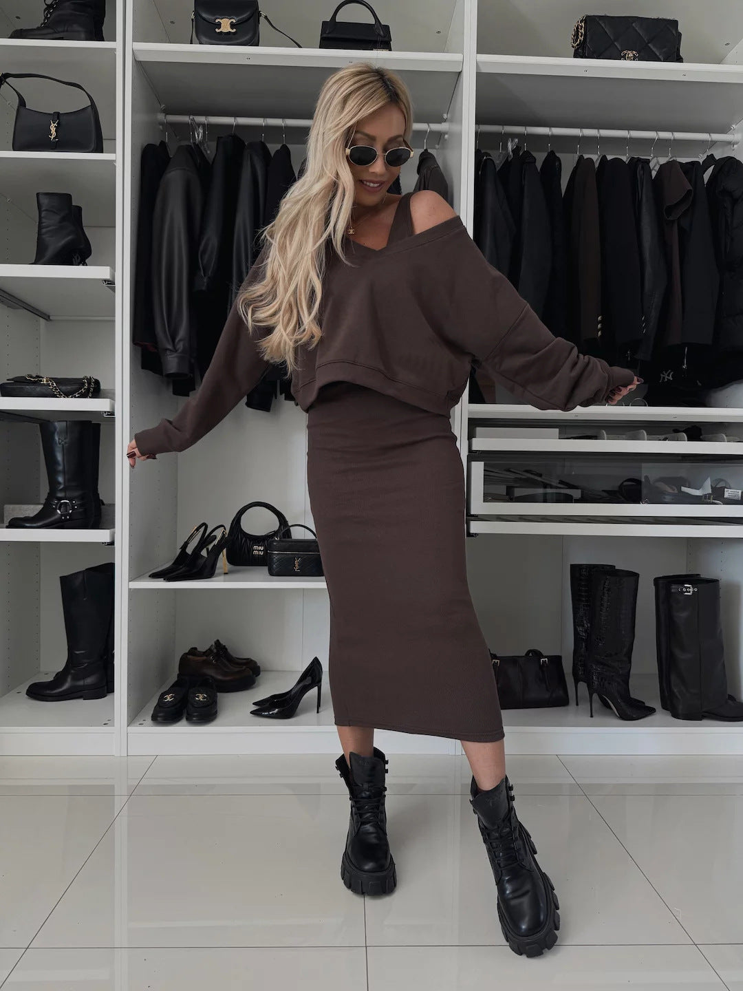 Amazon European and American Cross-Border New Spring Summer Women's Solid Color Clothing V Collar Long Sleeve Sweater Sling Slim Fit Long Dress2Set