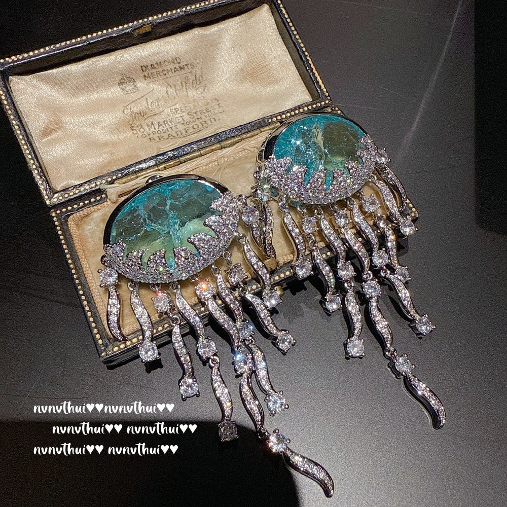Sparkling Paphos Cloud Pattern Jellyfish Tassel Gemstone Earrings The Joy of a Rich Woman Egg-shaped Princess Pink Earrings