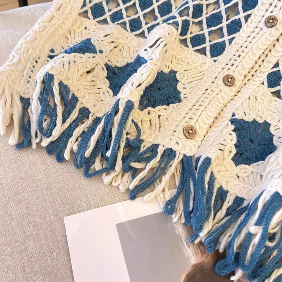 Ethnic Style Diamond Pattern Tassel Knitted Vest Women Xinjiang Grassland Beach Vacation Hollow Out Cardigan