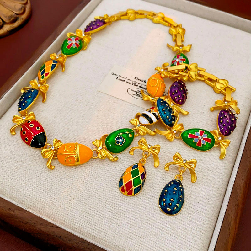 Medieval vintage Water Drop Flower Bow Necklace Palace Style Diamond Inlaid Oil Drop Collarbone Chain High-end Jewelry