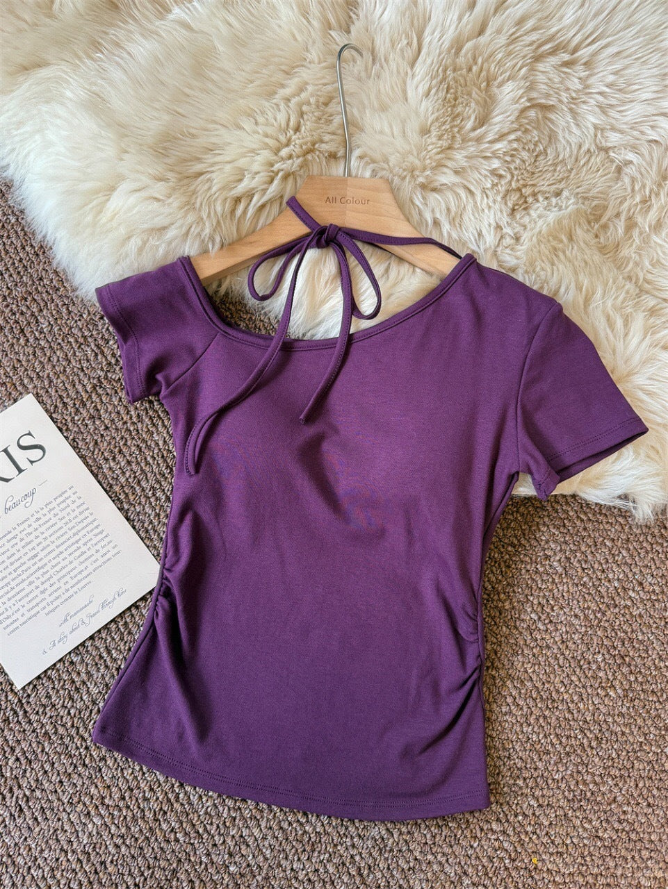 Purple Sexy Off-Shoulder Lace-Up Short Sleeve T Women's Summer Slim Fit Waist-Cinching American Style Hot Girl Halter Neck Top