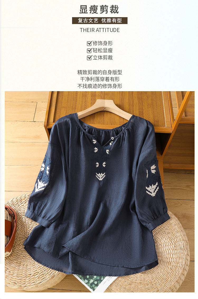 2025Summer New Vacation Ethnic Style Ramie Embroidered Round Neck Shirt for Women Loose Sun Protection Versatile Air Conditioning Shirt