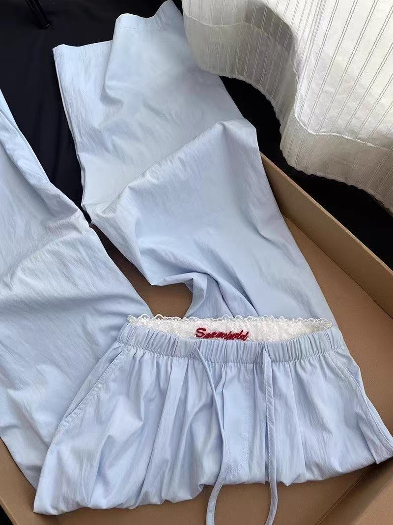 Korean Style hiphop Blue High-Waisted Casual Pants for Women, Spring and Summer Loose Fit, Student Design, Niche Ballet Style Wide-Leg Pants