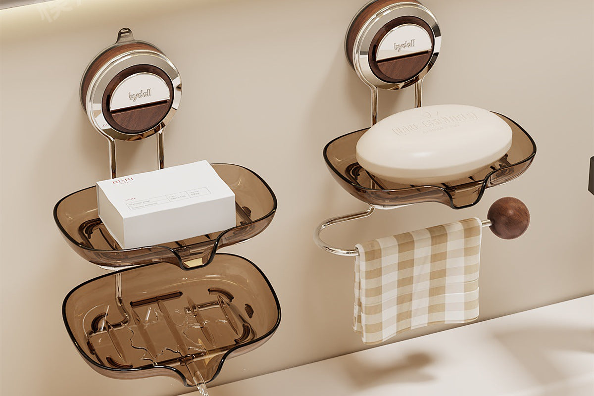Walnut Wood Suction Cup Soap Holder Wall-Mounted Bathroom No-Drill Storage Rack Soap Box