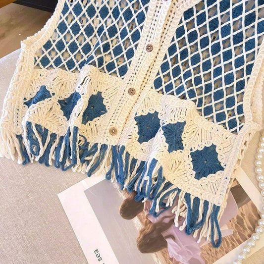 Ethnic Style Diamond Pattern Tassel Knitted Vest Women Xinjiang Grassland Beach Vacation Hollow Out Cardigan