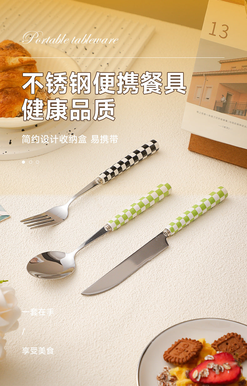ins Checkerboard Pattern Western Steak Knife and Fork Ceramic Handle Stainless Steel Fork Spoon Dessert Cutlery Set Three-Piece Set