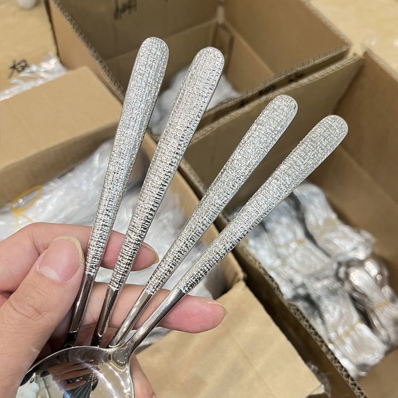 Korean Style Ice Pattern Spoon Soup Spoon Stainless Steel Hammered Long Handle Spoon Dining Western Soup Spoon Student Spoon Adult Rice Spoon
