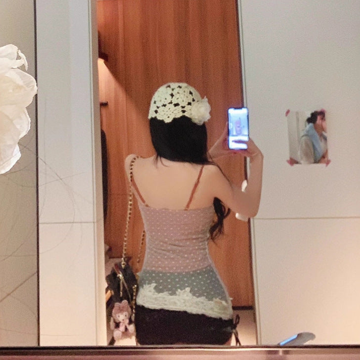 Lace Patchwork Mesh Fake Two-Piece Design Camisole with Chest Pads for Women, Slim Fit, Wearable Outside Top for Hot Girls