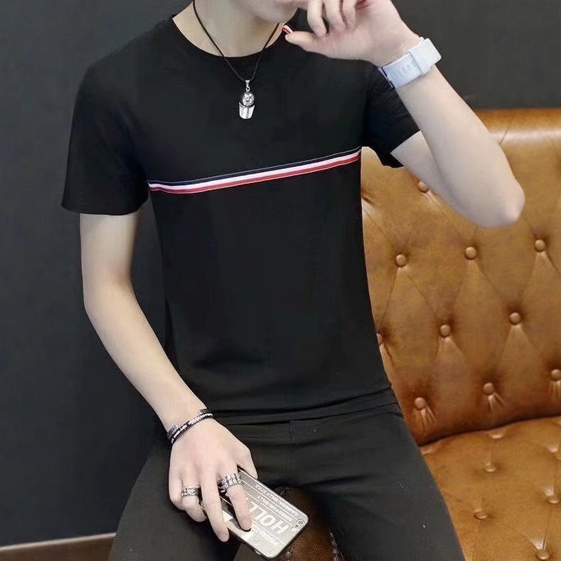 2025Cross-border Trade Summer New Style for Teenagers N Men's Short Sleeve Color Block Crew Neck Trendy Half Sleeve t Shirt Top