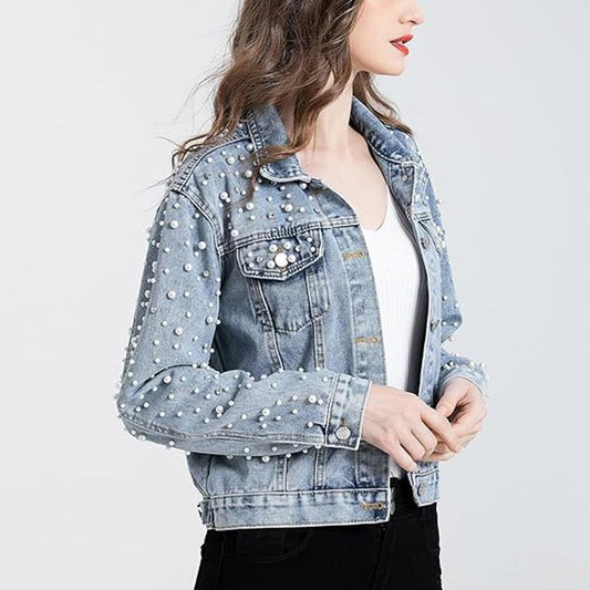 Cross-Border Amazon ebay European and American Style Pearl Denim Jacket Short Rhinestone Denim Jacket Coat Top