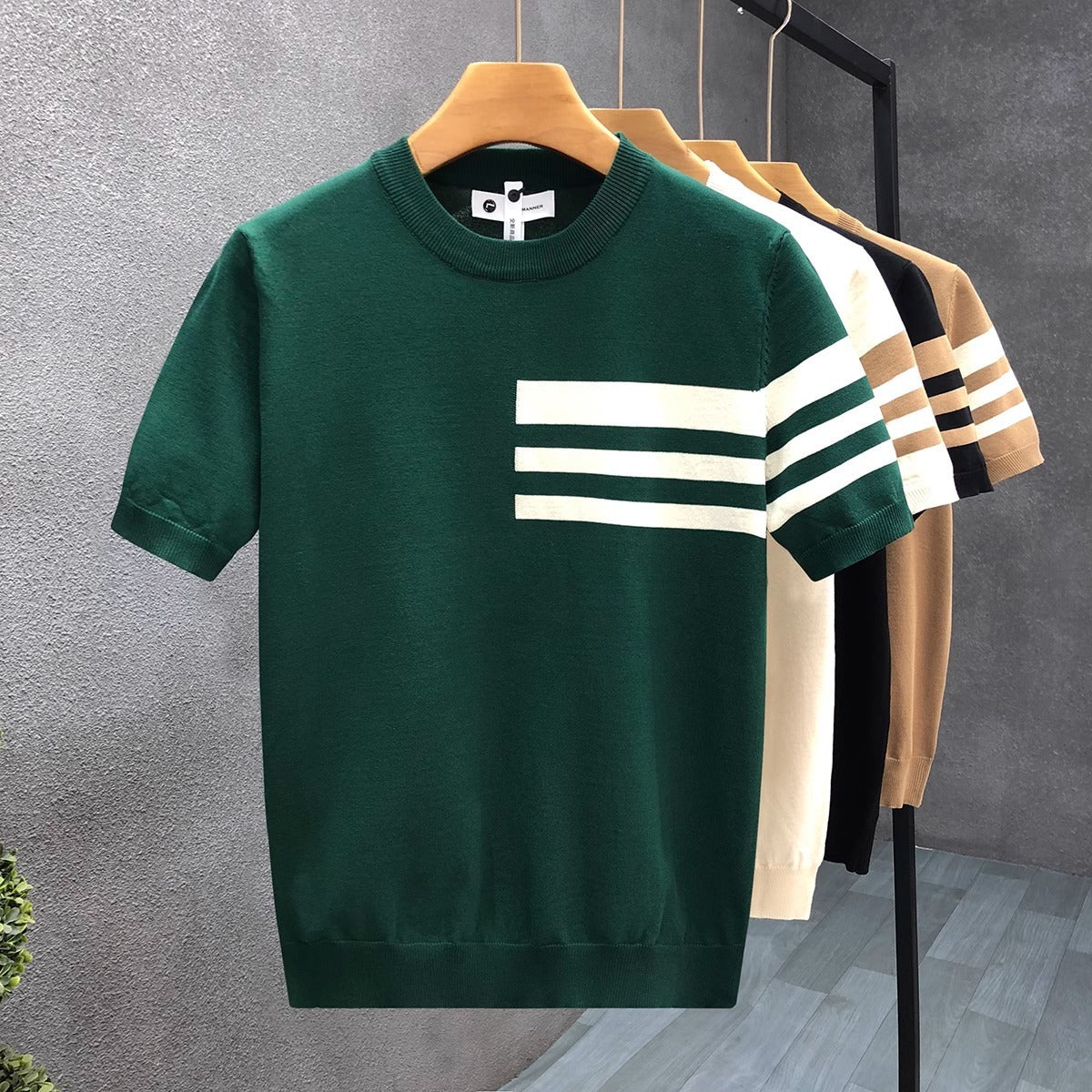 2025New Short Sleeve Knitted Shirt for Men, Striped, Simple, High-End Business, Mature, Slim Fit, Ice Silk T Men's Shirt
