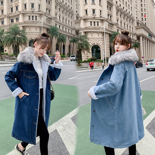 2022Winter New Mid-Length Large Fur Collar Fleece-Lined Lamb Wool Denim Jacket for Women Loose Casual Cotton Coat