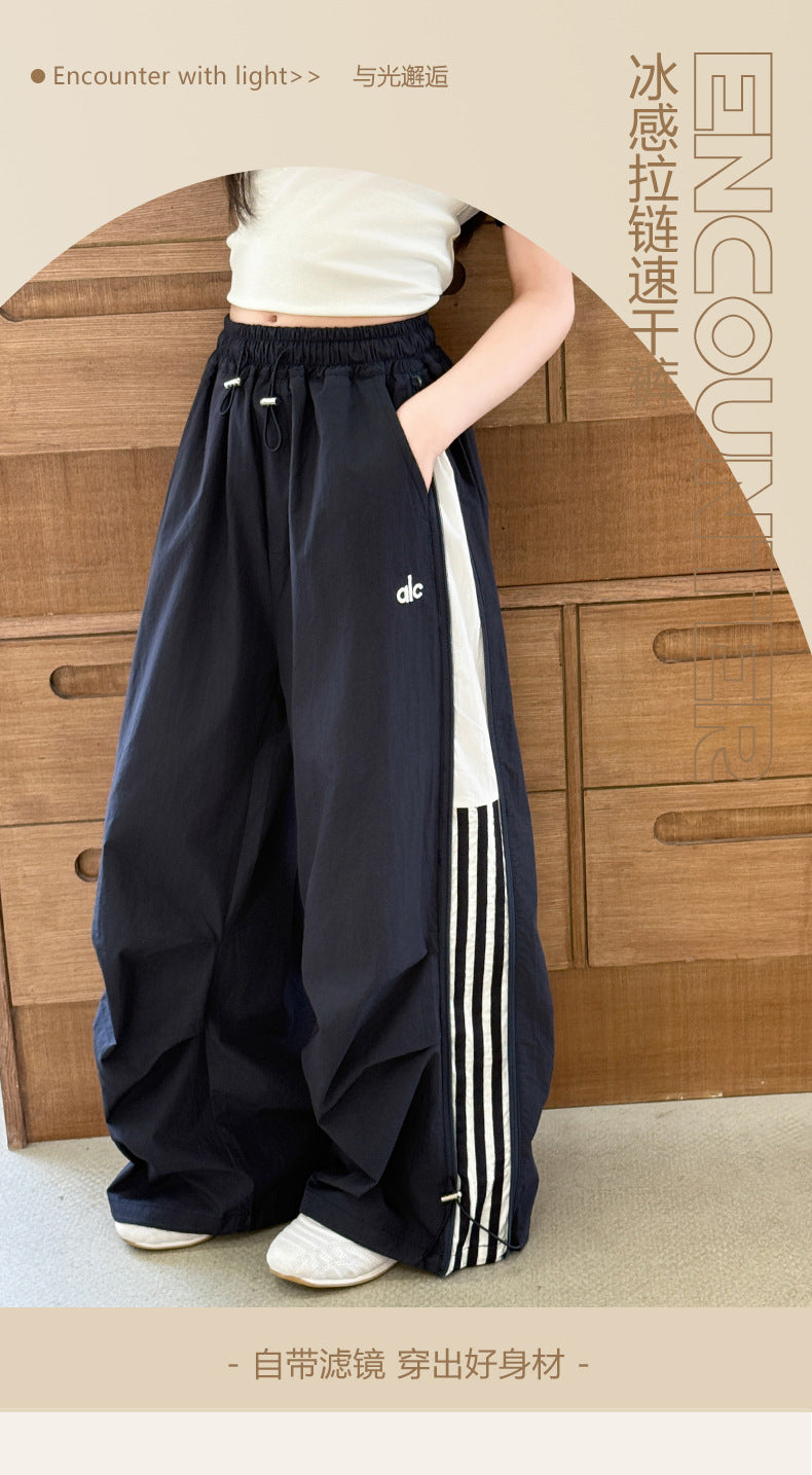 Girls' Summer Thin Pants2025New Cool and Stylish Quick-Dry Cargo Pants for Middle School Students Ice Feel Wide-Leg Pants