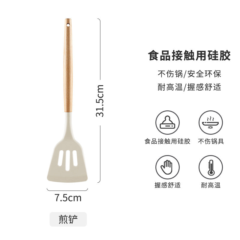 Wooden Handle Non-Stick Pan Silicone Kitchen Utensils Soup Spoon Spatula One Piece