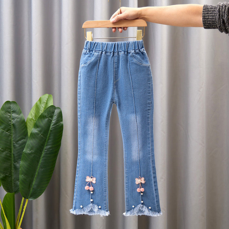Children's Clothing Wholesale Girls' Jeans Spring and Autumn New Style Medium and Large Children's Slim Pants Baby Casual Girls' Flared Long Pants