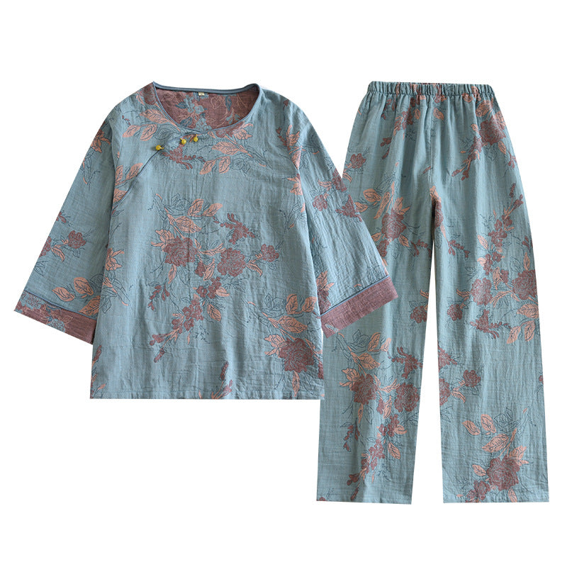 Women's Pearl Button Color Woven Jacquard National Style Pajamas Spring Four Seasons Thin Round Neck Pullover Homewear Set Suitable for Outerwear