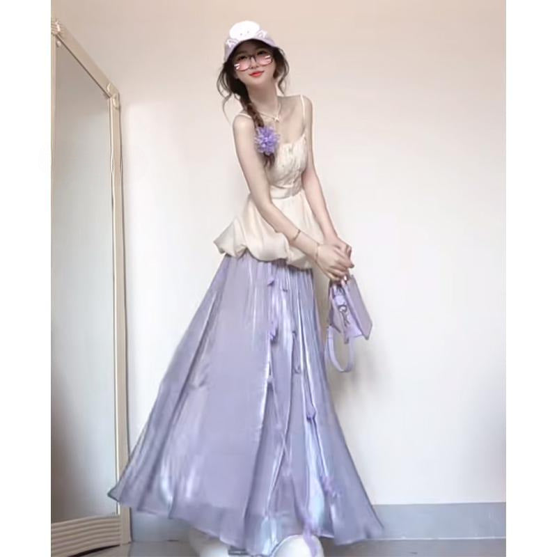 Pure Desire Sweet Spicy Girl Set for Women Summer Flower Bud Strap Top Outfit Purple Stunning Half Skirt Fashion Two-Piece Set