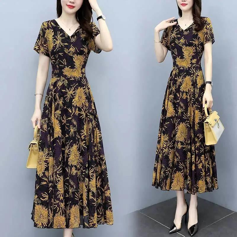2022Summer New Chiffon Floral Dress Slimming Waist Plus Size Women mm Tummy-Covering Elegant Long Dress